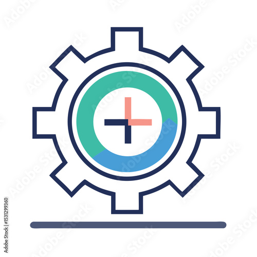 Gear icon with circular graphs and plus symbol in minimal design  