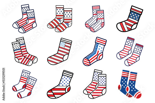 Set of american flag color socks, winter socks vector illustration on white background.