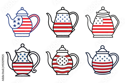 Set of american flag color teapot, kettle vector illustration on white background.