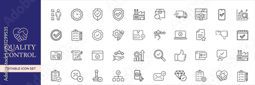 Quality control set of web icons in line style. Quality Check computing icons for web and mobile app. Containing inspection, evaluation, production, quality assurance, certificate, testing and more