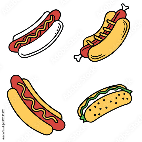 Delicious Hot Dog Vector Icons A Collection of Illustrated Hot Dogs with Mustard, Relish, and Toppings