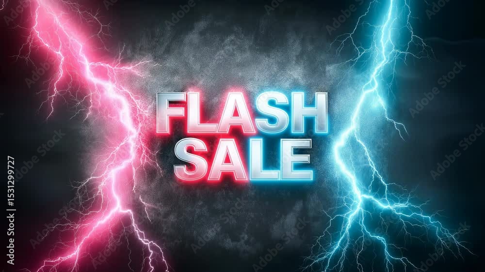 Bright Flash Sale lettering centered on a dark background, framed by blue and red lightning bolts. Dynamic design evoking urgency, discounts and limited-time promotions.