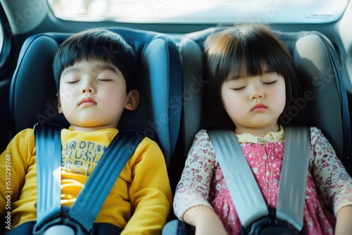 Children peacefully dreaming in car seats during a family road trip in the afternoon sun with cozy attire