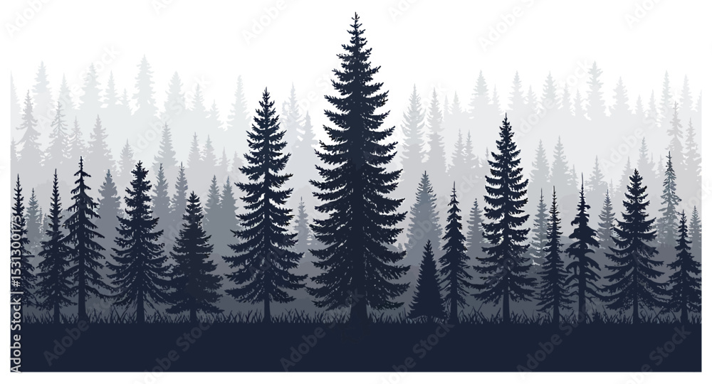Obraz premium Majestic Silhouette of Pine Trees in a Serene Foggy Forest