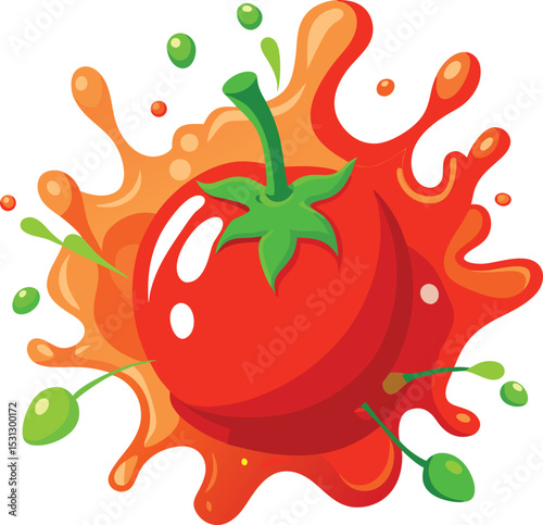 Colorful vector illustration of a fresh tomato with juice splash and green accents