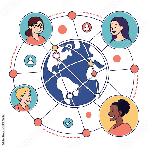 Global Network Connection Diverse People United Through Online Collaboration - Vector Illustration