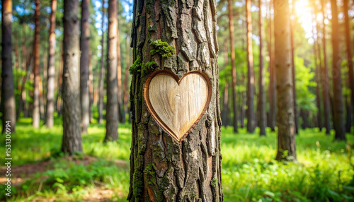 Heart carved in trunk of tree in the woods. Beautiful nature. Love and romantic.