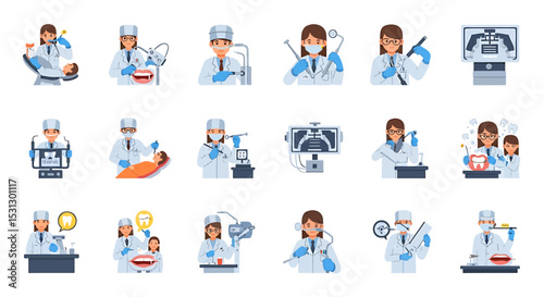Vector icons Set of  Dental Professionals Diverse Illustrations of Dentists and Dental Care Equipment. Vector Illustrations