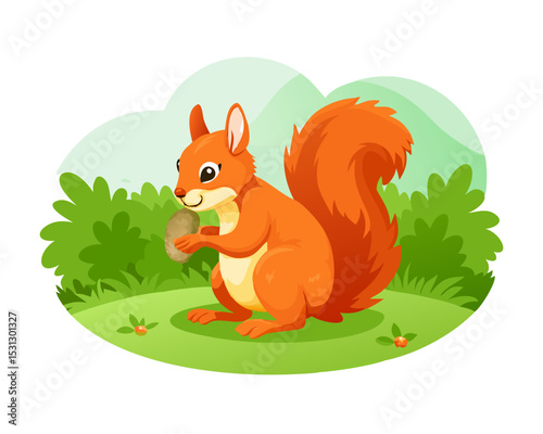 Cute red squirrel, sciurus vulgaris, eating a nut in green spring forest