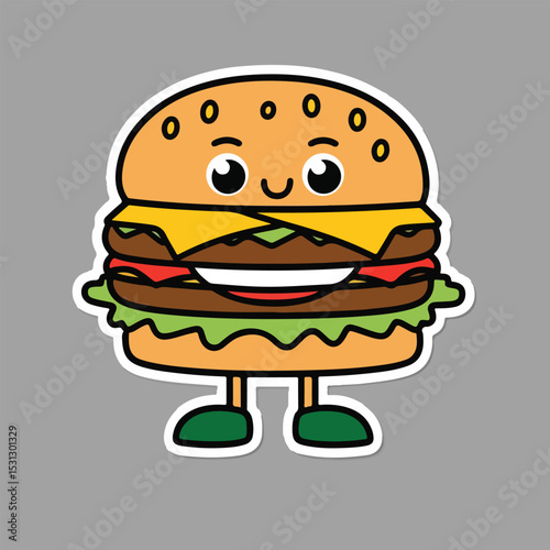Colorful vector illustration of a classic cheeseburger with solid colors, including bun, cheese, patty, lettuce, and tomato. Perfect for National Cheeseburger Day promotions and social media.