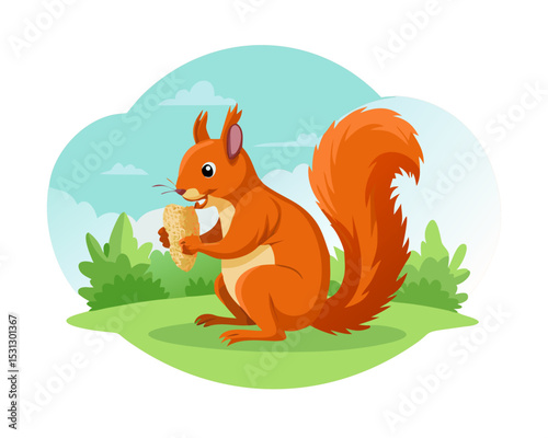 Cute red squirrel, sciurus vulgaris, eating a nut in green spring forest