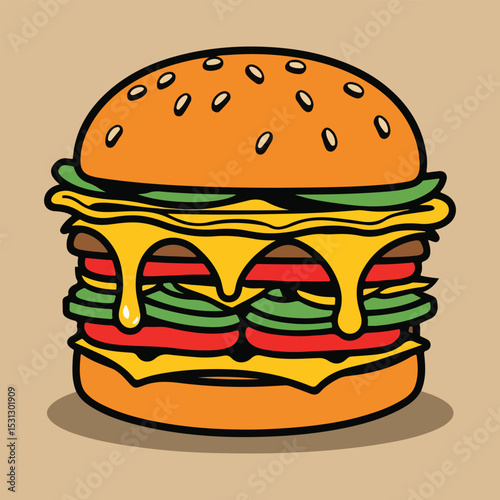 Colorful vector illustration of a classic cheeseburger with solid colors, including bun, cheese, patty, lettuce, and tomato. Perfect for National Cheeseburger Day promotions and social media.