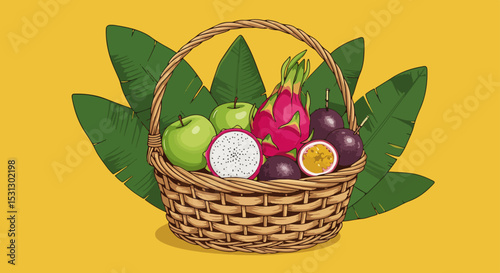 Woven basket overflowing with tropical fruits on bright yellow background