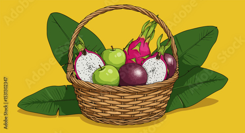 Illustration of a woven brown basket filled with tropical fruits on a bright yellow background