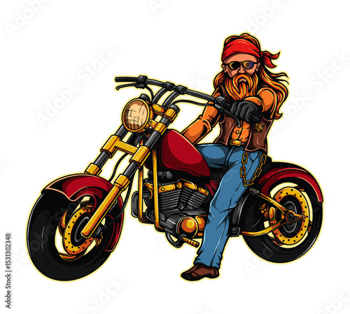 Ride into Rebellion: A grizzled figure astride a classic motorcycle, exuding an aura of freedom and rebellious spirit on a classic motorcycle.