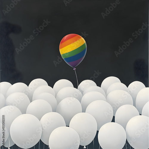 White balloons with a black background, one balloon is floating higher and is rainbow 