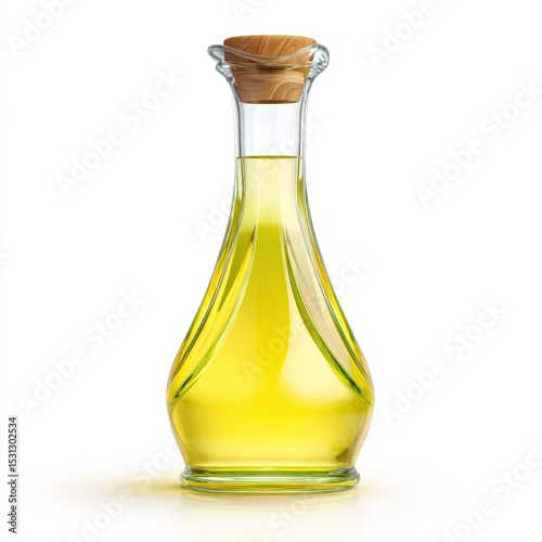 Elegant Glass Bottle Filled with Yellow Cooking Oil Isolated on White Background