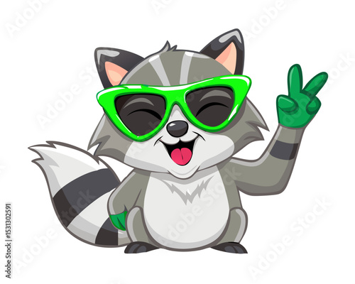 Funny raccoon in green sunglasses showing a rock gesture isolated on white background