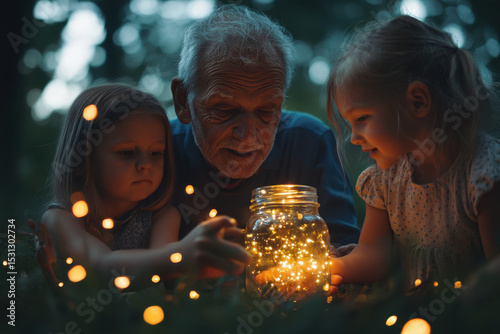 An older man and young girls gaze at a jar of twinkling fairy lights, wonder evident in their expressions.