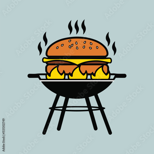 Colorful vector illustration of a classic cheeseburger with solid colors, including bun, cheese, patty, lettuce, and tomato. Perfect for National Cheeseburger Day promotions and social media.