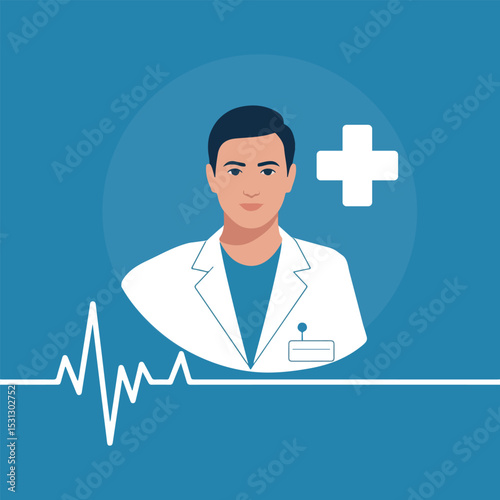 Male doctor avatar with heartbeat line.