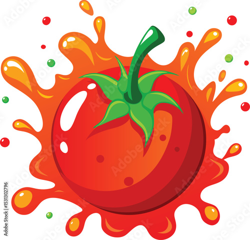 Fresh red tomato exploding with juice in a cartoonish style for food related designs