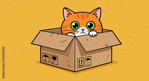Curious orange cat peeking out from an open cardboard box with packaging symbols on bright yellow background