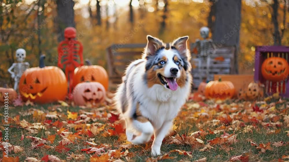 Cute dog enjoys Halloween holiday outdoors surrounded by pumpkins and decorations in a fall setting Cute dog enjoys Halloween holiday outdoors surrounded by pumpkins and decorations in a fall setting