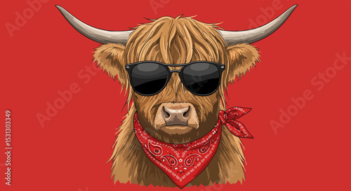 Highland cow with sunglasses and red bandana on solid red background