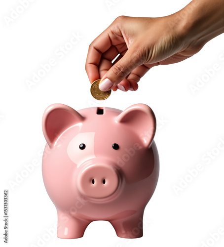 Pink Piggy Bank with Hand Inserting Coin PNG - Transparent Background for Financial Planning and Savings Concepts