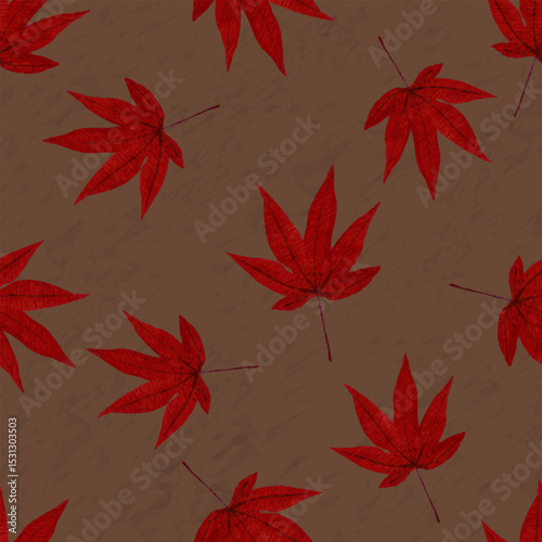 Autumn Leaves Seamless Pattern,Water colour red maple leaf with abstract texture on brown background for Fall season decoration,Vector background nature pattern for wallpaper,farbic, wrapping paper