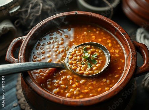 Warm Lentil Soup: Steaming lentil soup in a rustic earthen bowl, embodying culinary warmth and comforting nourishment, with a spoonful revealing its rich, flavorful depth.