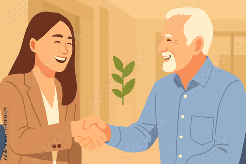 Business deal illustration. Young Asian woman in a tailored blazer shaking hands with an older White man in a light-filled modern office. deal handshake concept. 