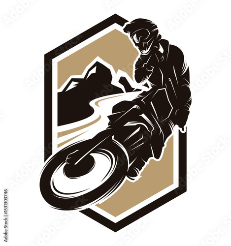 Silhouette of Mountain Biker: A dynamic graphic illustration captures a mountain biker navigating a rugged trail. The biker, silhouetted against a natural landscape.