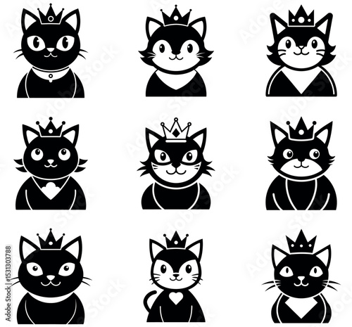 Royal Cat with Crown Logo Set - King & Queen Feline Vector Icon & Clipart