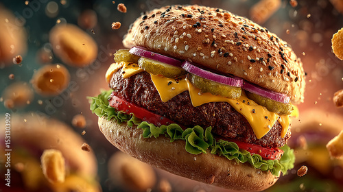 Burger Bite: A mouthwatering, photorealistic burger, bursting with fresh ingredients, floats tantalizingly amidst scattered, golden fries.