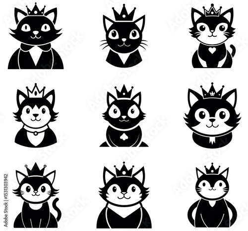 Royal Cat with Crown Logo Set - King & Queen Feline Vector Icon & Clipart