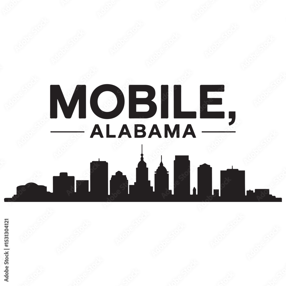 Fototapeta premium Mobile skyline horizontal banner. Mobile, Alabama. Vector template for your design. Vector black silhouette. with white background
