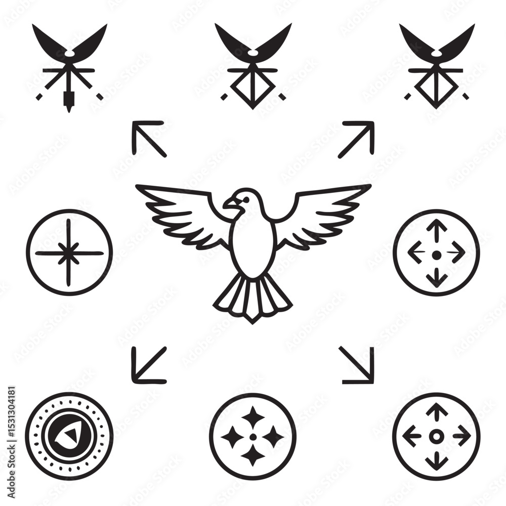 Fototapeta premium Black Line Art Hawk Will Symbols White Background bird