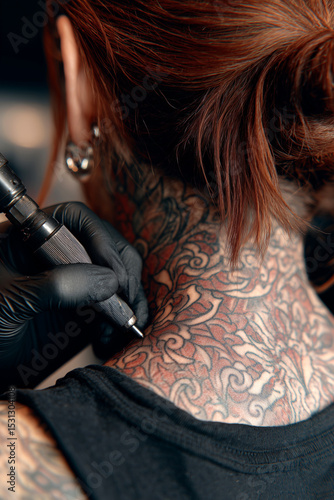 perspective a hand in black glove tattooing