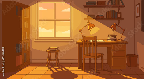 Study room with wooden furniture, desk lamps, and bookshelves