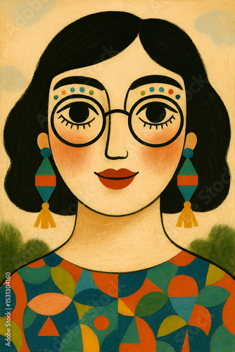 Colorful Stylized Portrait of a Woman with Geometric Earrings and Mosaic Garment