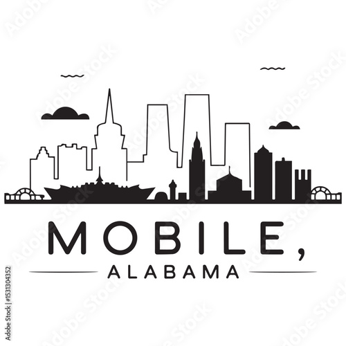 Mobile skyline horizontal banner. Mobile, Alabama. Vector template for your design. Vector black silhouette. with white background