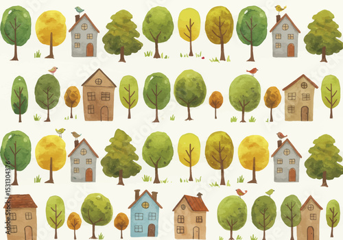 Houses and Trees Pattern in Cartoon Style Hand Drawn Style on White Background Peaceful Scene Full of Green