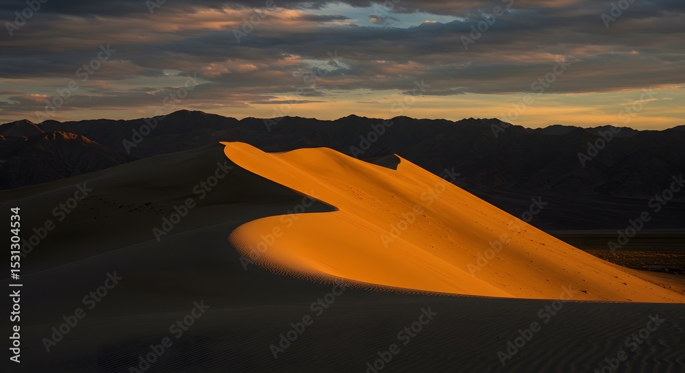 Fototapeta premium Sunlit Sand Dunes Under Dramatic Evening Sky