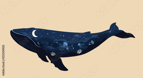 Majestic blue whale illustration with celestial night sky and marine elements inside