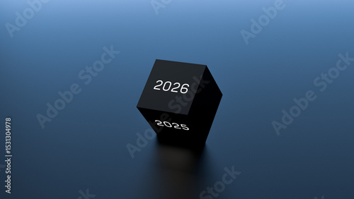 Year 2025-2026, luminous neon numerals on cube with copy space. 2025-2026, space for text, goal, plan. Banner 2025-2026. 3D render.