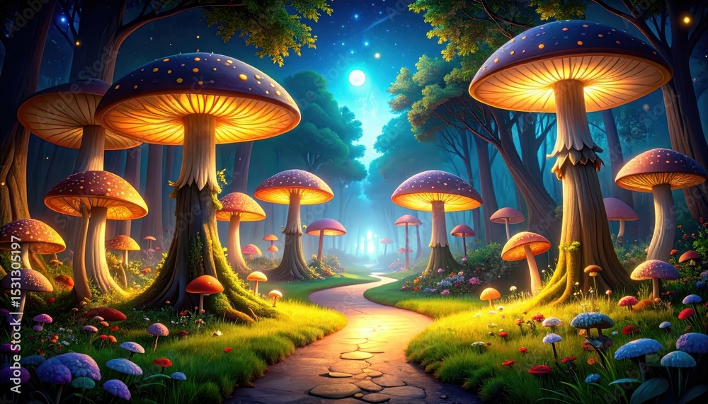Fototapeta premium Whimsical Pathway of Giant Mushrooms in a Glowing Garden Scene