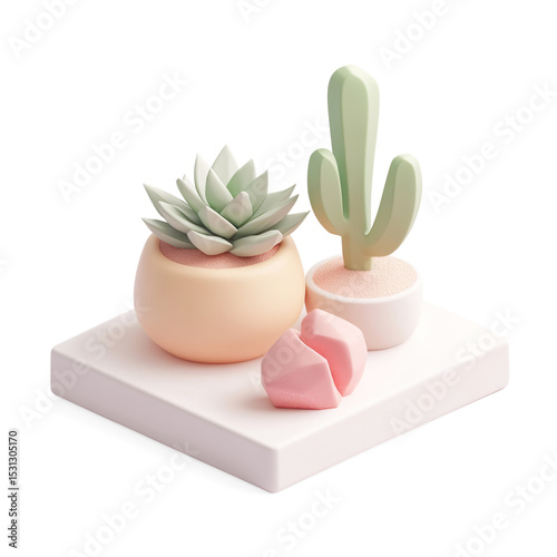 3D Stylized Potted Plants on White Platform on a Transparent Background