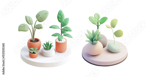 3D Stylized Potted Plants on White Platform on a Transparent Background